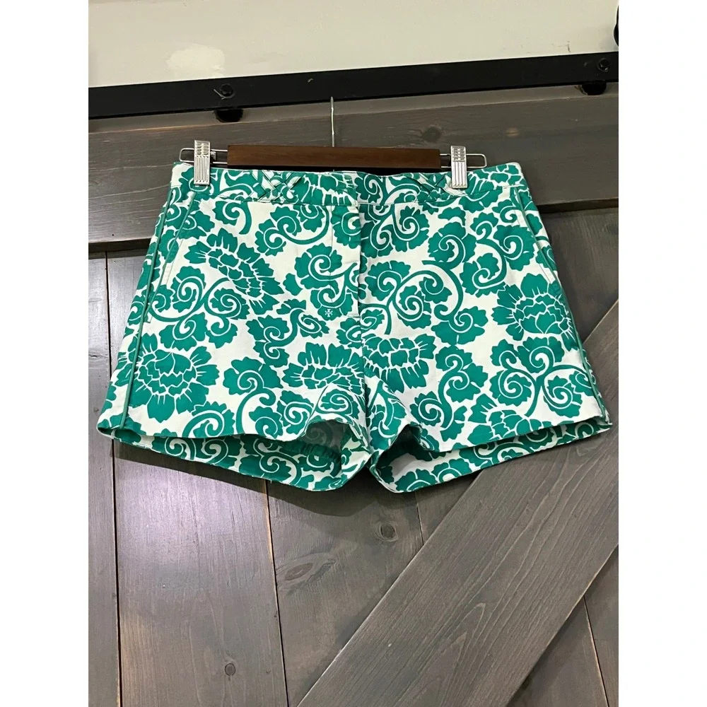 Tory Burch Teal and White Floral Print Shorts